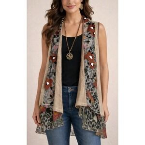 Multiples Eclectic Boho Embroidered Floral Leopard Open Front Cardigan Vest Sz L